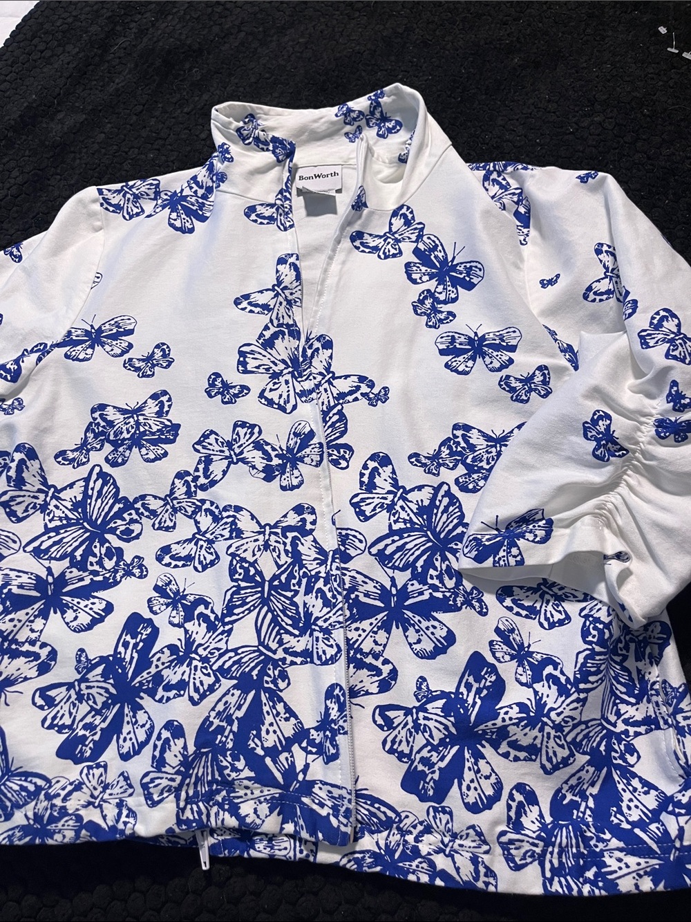 BonWorth White Shirt with Blue Butterfly Motif
